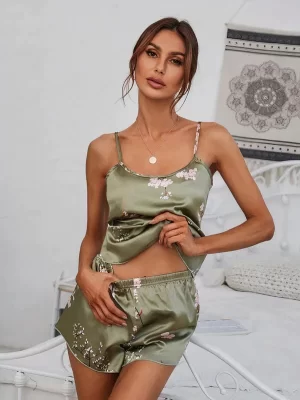 pyjama dames satijn met bloemenprint hemdje + short "groen
