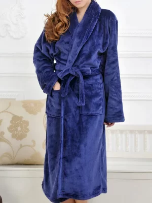 lange fleece ochtendjas voor dames "marineblauwe"